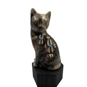 Vtg Native American Navajo Horse Hair Cat Statue Figurine Turquoise Carved 7"